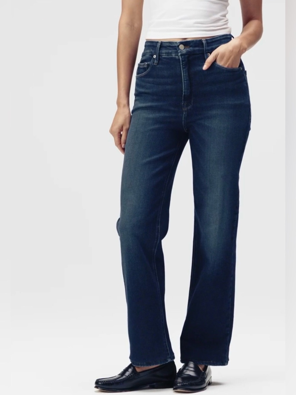 Good American Good True Super High Rise Straight Jeans 12 31 x 31 Dark Wash